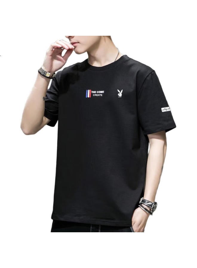 PLAYBOY Men'S Short Sleeve T-Shirt Spring Summer Men'S Tee Round Neck Top Men'S Bottoming Shirt Men'S Clothing Black M - Image 3