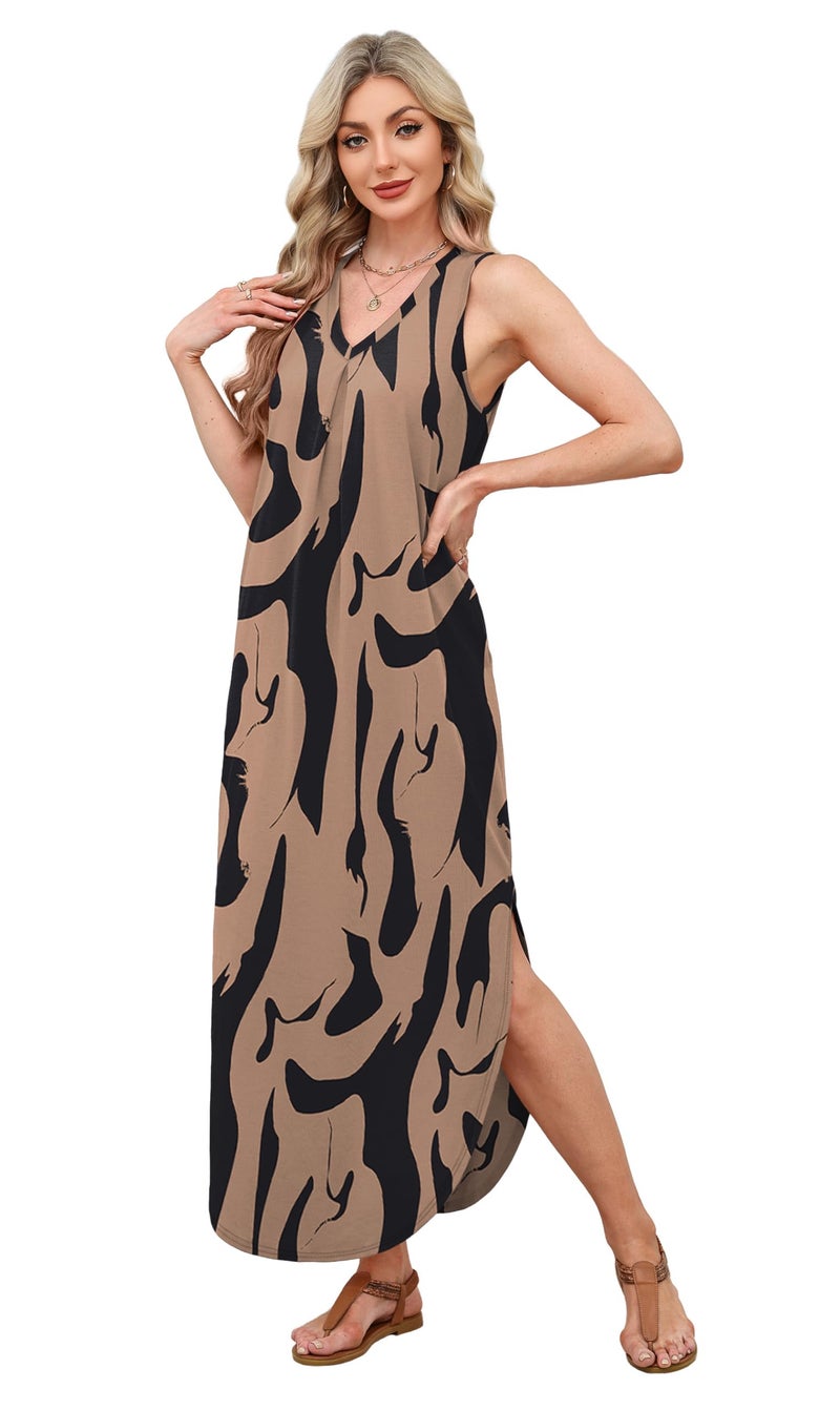 OFEEFAN Womens Spring Maxi Dresses 2026 Beach Vacation Clothes V Neck Casual Beach Vacation Boho Dress Sleeveless Sundresses Loose Fit Floral 09 XL - Image 4