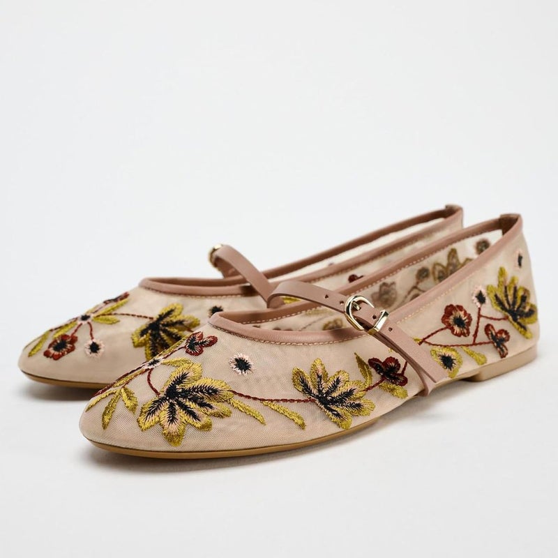 MRKEWUNEY Mesh Ballet Flats for Women Embroidered Floral Round Toe Mary Jane Flats Comfortable Ballerina Flats with Strap Apricot Size 37 - Image 4