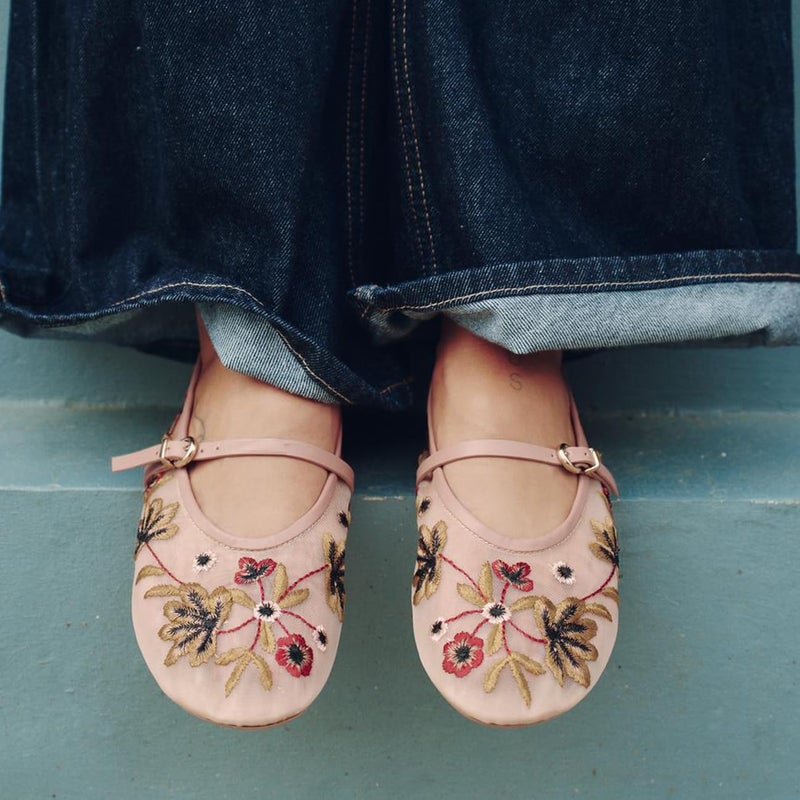 MRKEWUNEY Mesh Ballet Flats for Women Embroidered Floral Round Toe Mary Jane Flats Comfortable Ballerina Flats with Strap Apricot Size 37 - Image 2