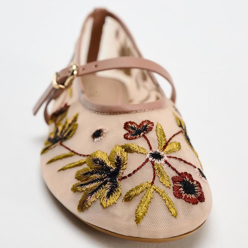 MRKEWUNEY Mesh Ballet Flats for Women Embroidered Floral Round Toe Mary Jane Flats Comfortable Ballerina Flats with Strap Apricot Size 37 - Image 5