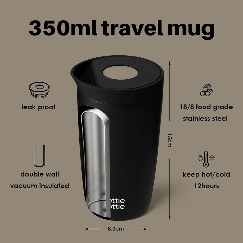 bottle bottle Insulated Stainless Steel Travel Mug, 350ml Capacity, Coffee Cup with Push Button, Lid Keeps Cold and Hot for 12 Hours - Black - Image 2
