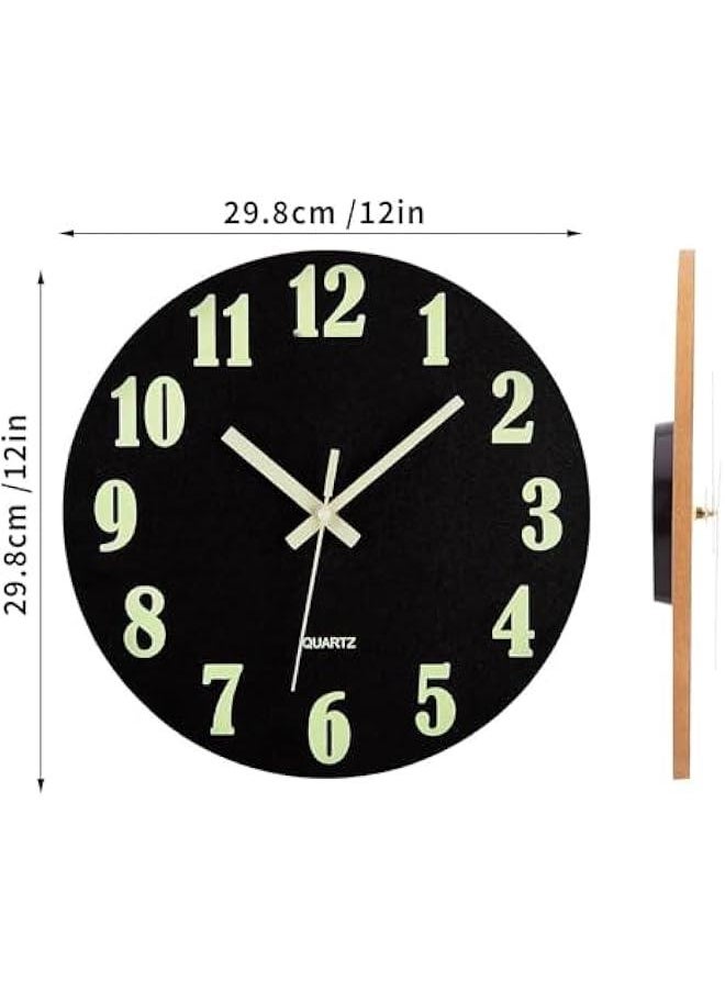 HOOKOR Wall Clock - 12 Inch Black Luminous Wall Clocks Battery Operated Glow in The Dark Wall Clock Silent Non Ticking Wooden Round Analog Night Light Clock for Living Room Bedroom Home Decor (Black)  - Image 2