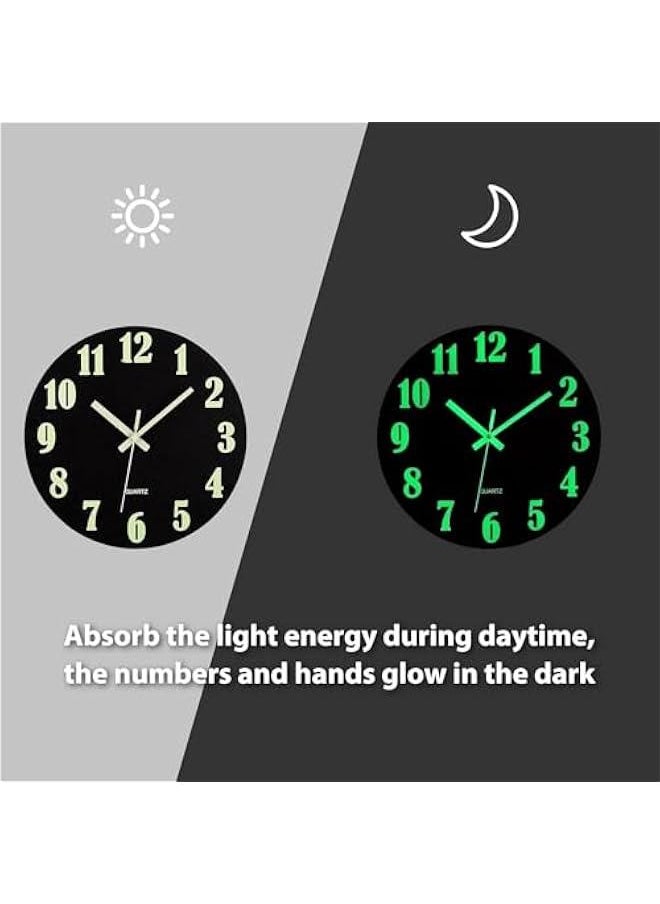 HOOKOR Wall Clock - 12 Inch Black Luminous Wall Clocks Battery Operated Glow in The Dark Wall Clock Silent Non Ticking Wooden Round Analog Night Light Clock for Living Room Bedroom Home Decor (Black)  - Image 3