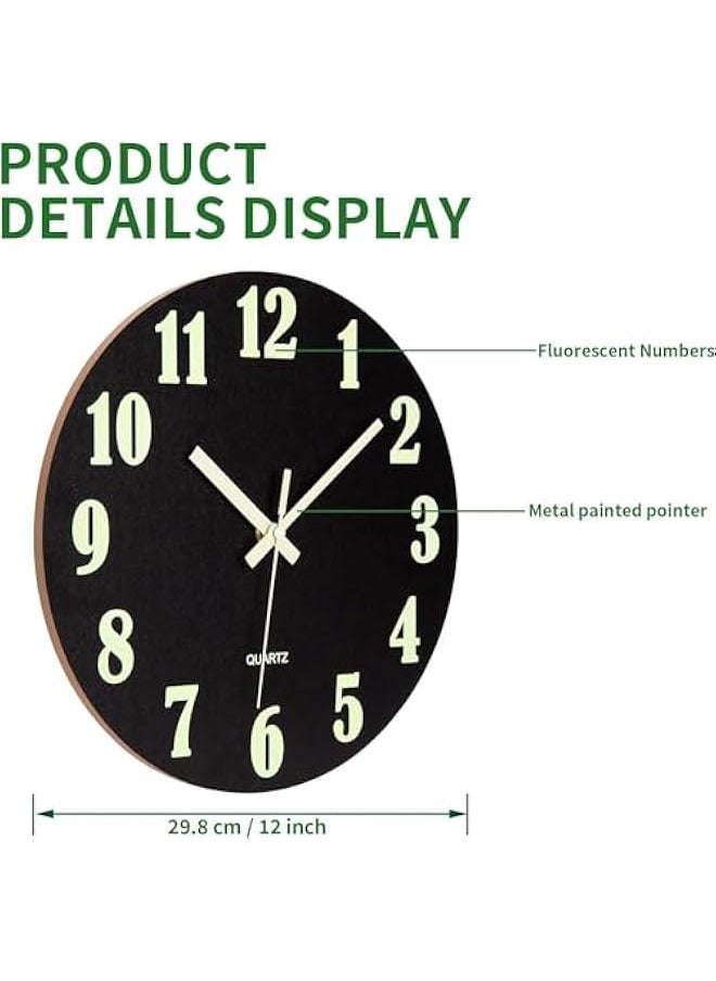 HOOKOR Wall Clock - 12 Inch Black Luminous Wall Clocks Battery Operated Glow in The Dark Wall Clock Silent Non Ticking Wooden Round Analog Night Light Clock for Living Room Bedroom Home Decor (Black)  - Image 5