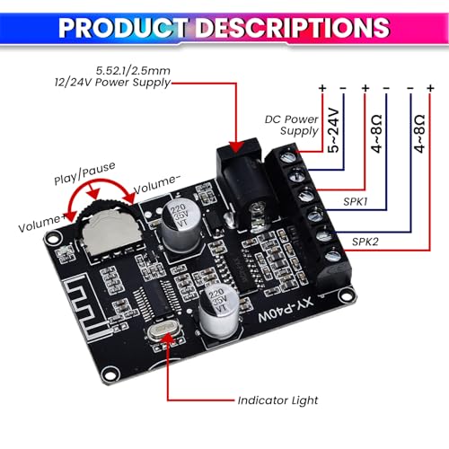 amiciSound Mini 40W+40W Bluetooth 5.0 Amplifier Board – Dual Channel, Stepless Tuning, DC 8-24V DIY Speakers - Image 3