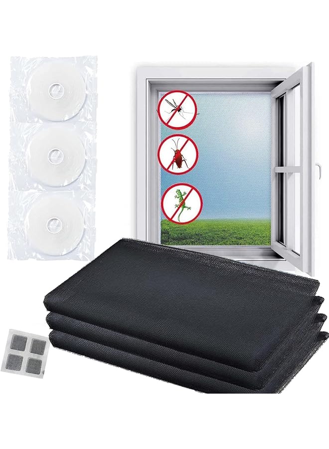 The Bros شبكات شاشة الطيران 3 عبوات - 1.5م × 2م مجموعة واقي من البعوض والحشرات مع شريط لاصق ذاتي 3 لفات شريط شفاف قطع بدون حفر (أسود) - Image 1