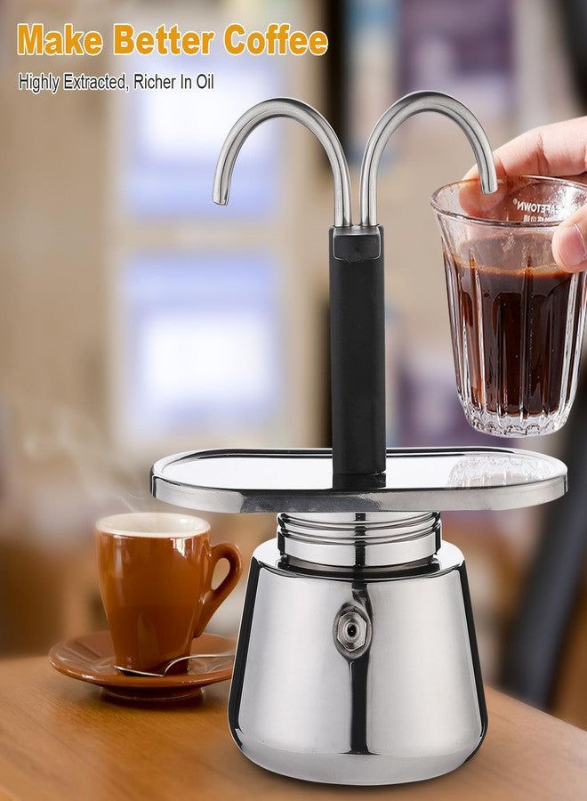 Pilipane Stainless Steel Moka Pot, 2 Cup Stovetop Espresso Maker, 100ML Stovetop Double Spout Espresso Maker for Making Espressoes Cappuccino Latte Home Camping - Image 2