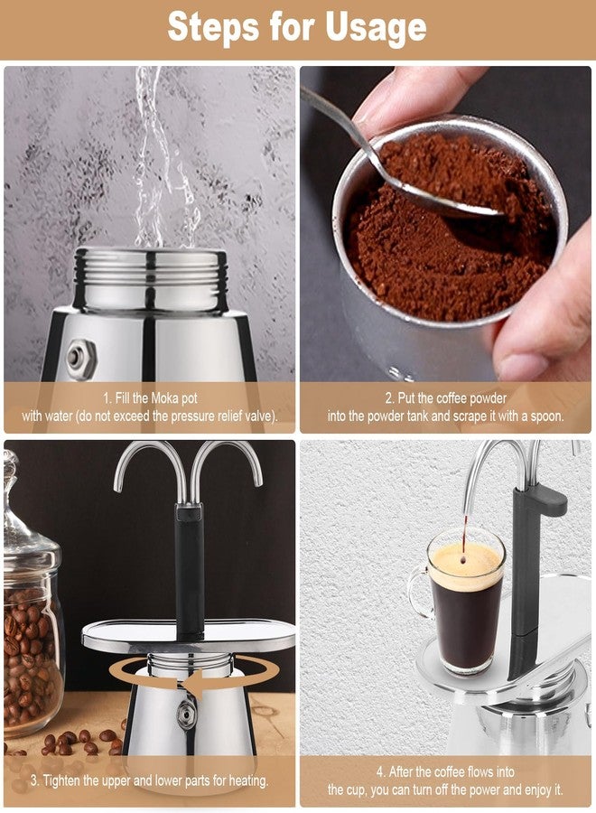 Pilipane Stainless Steel Moka Pot, 2 Cup Stovetop Espresso Maker, 100ML Stovetop Double Spout Espresso Maker for Making Espressoes Cappuccino Latte Home Camping - Image 4