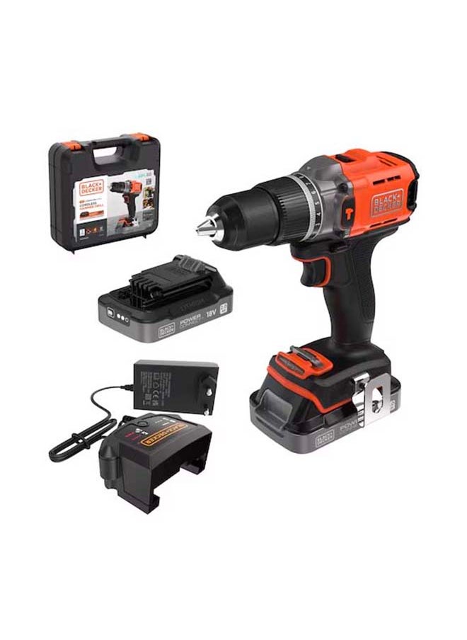 BLACK+DECKER 18V Powerconnect Cordless Hammer Drill (With 2 x 2.0Ah State Of Charge Batteries, 1A Charger and Kitbox)  - Image 1