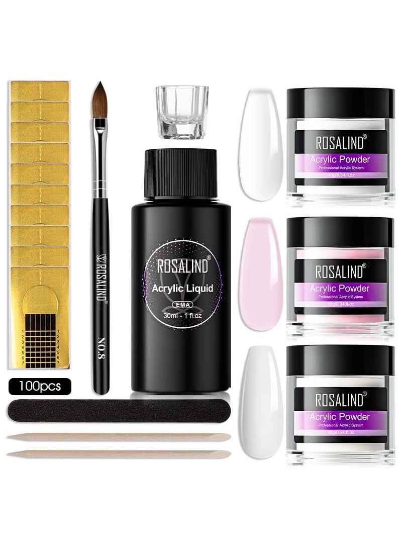 Rosalind Rosalind Acrylic Powder Kit - Clear Pink Acrylic Nail Set with Liquid, Brush, Forms and DIY Art Tools for Beginner 