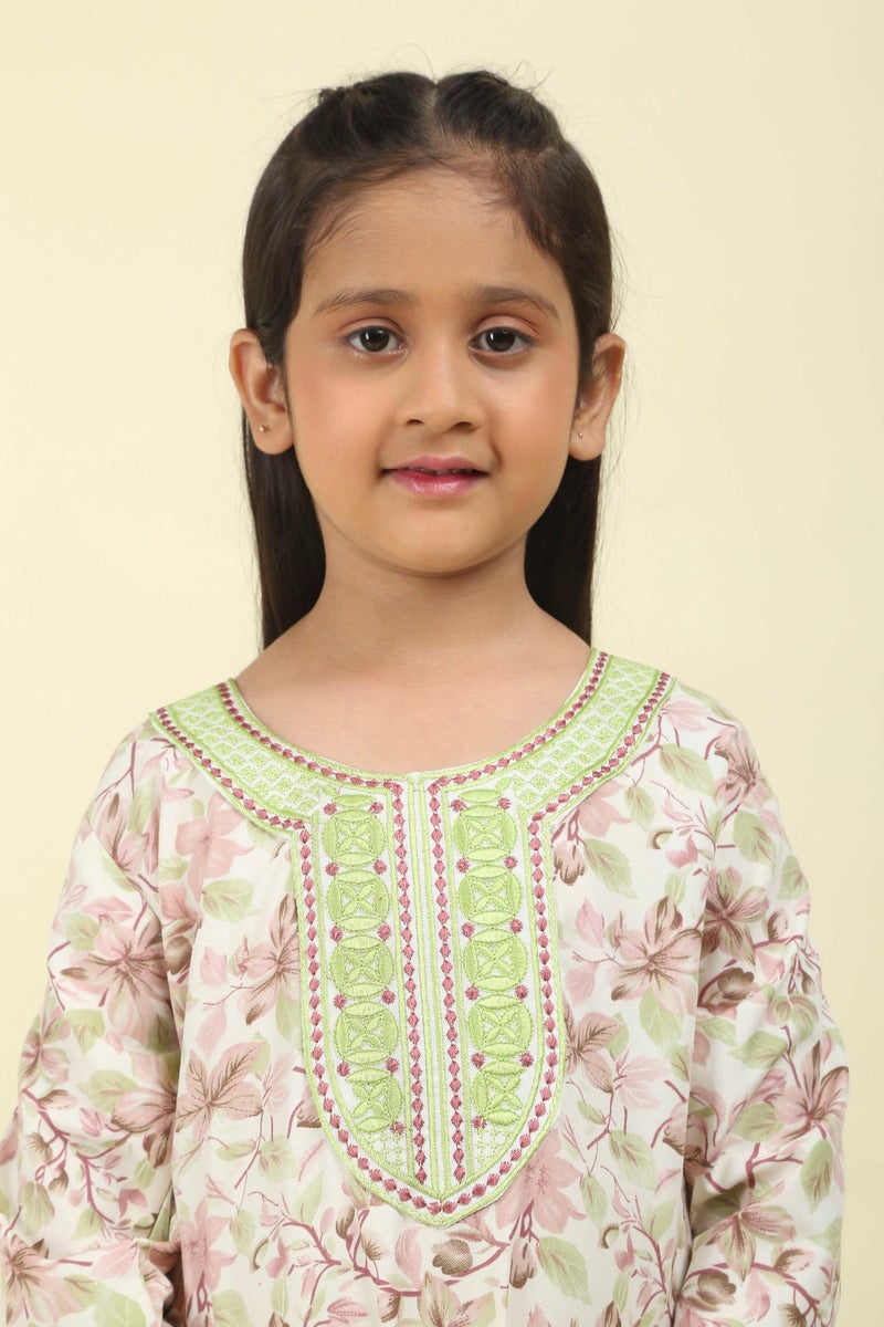 HANA & SARA Girls Arabic Floral Print Jalabiya – Modest Long Sleeve Ethnic Dress with Embroidered Neckline - Image 4