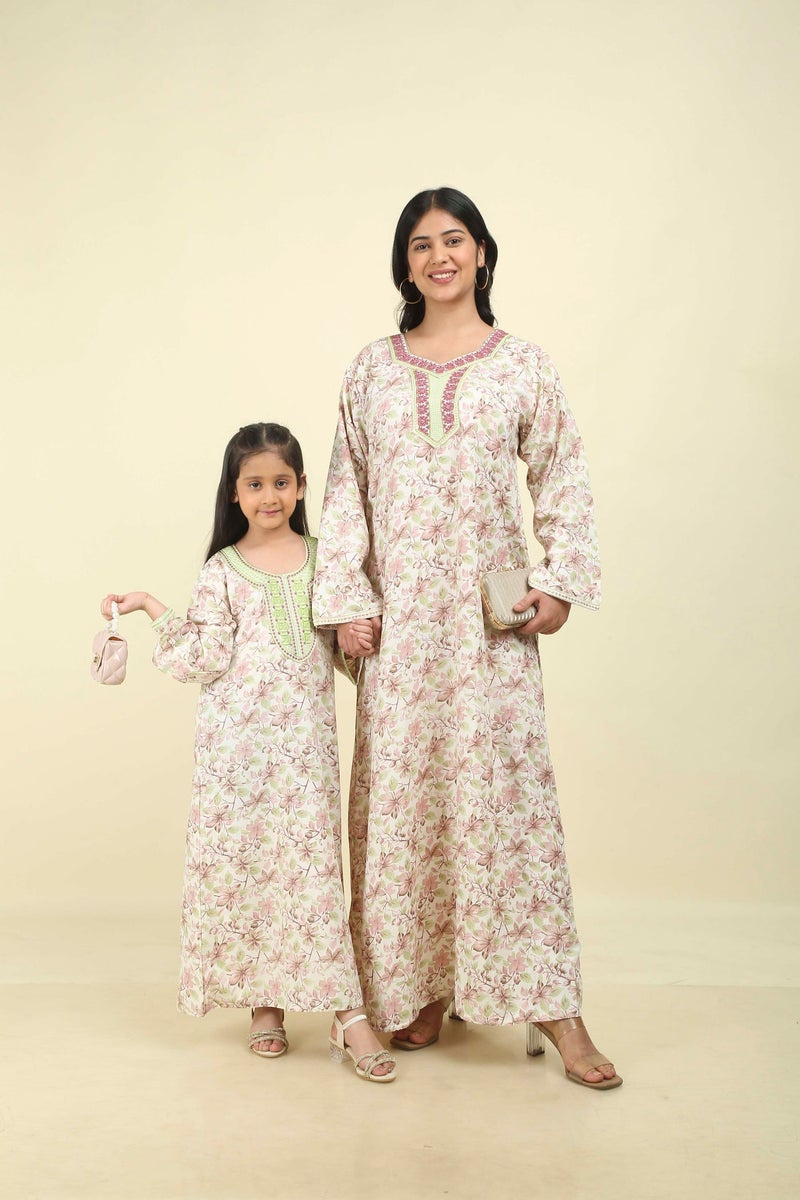 HANA & SARA Girls Arabic Floral Print Jalabiya – Modest Long Sleeve Ethnic Dress with Embroidered Neckline - Image 1