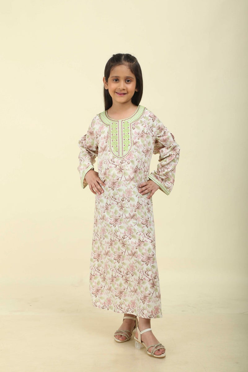 HANA & SARA Girls Arabic Floral Print Jalabiya – Modest Long Sleeve Ethnic Dress with Embroidered Neckline - Image 2