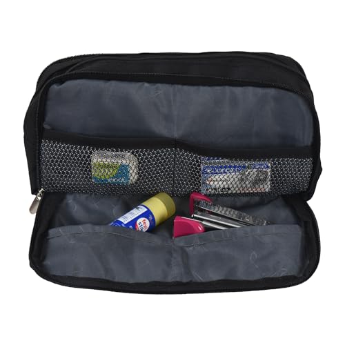 AQBAH Multi-Utility Pocket Large Capacity Pencil Case Canvas Pouch with 3 Zippers School Supply for Students, Stationery Box, Space Pen/Pencil Box for Kids, Boys & Girls Gift (Pack of 1, Black) - Image 5