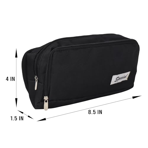 AQBAH Multi-Utility Pocket Large Capacity Pencil Case Canvas Pouch with 3 Zippers School Supply for Students, Stationery Box, Space Pen/Pencil Box for Kids, Boys & Girls Gift (Pack of 1, Black) - Image 2