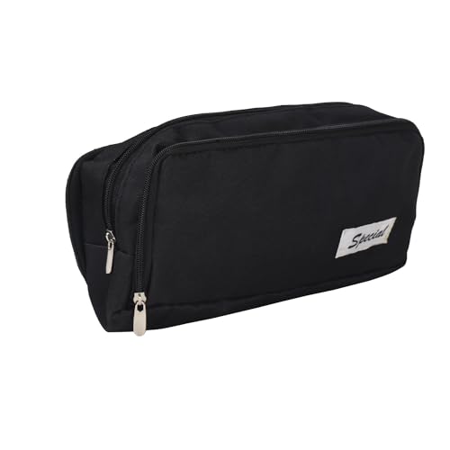 AQBAH Multi-Utility Pocket Large Capacity Pencil Case Canvas Pouch with 3 Zippers School Supply for Students, Stationery Box, Space Pen/Pencil Box for Kids, Boys & Girls Gift (Pack of 1, Black) - Image 1