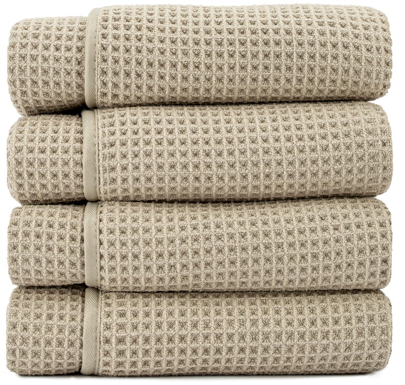S&T INC. Aura Microfiber Waffle Bath Towels, 4 Pack, Quick-Dry, Ultra Absorbent, Lightweight Towels for Bathroom, Gym, Travel and Beach, 30 inches x 60 inches, 420GSM, Beige - Image 1