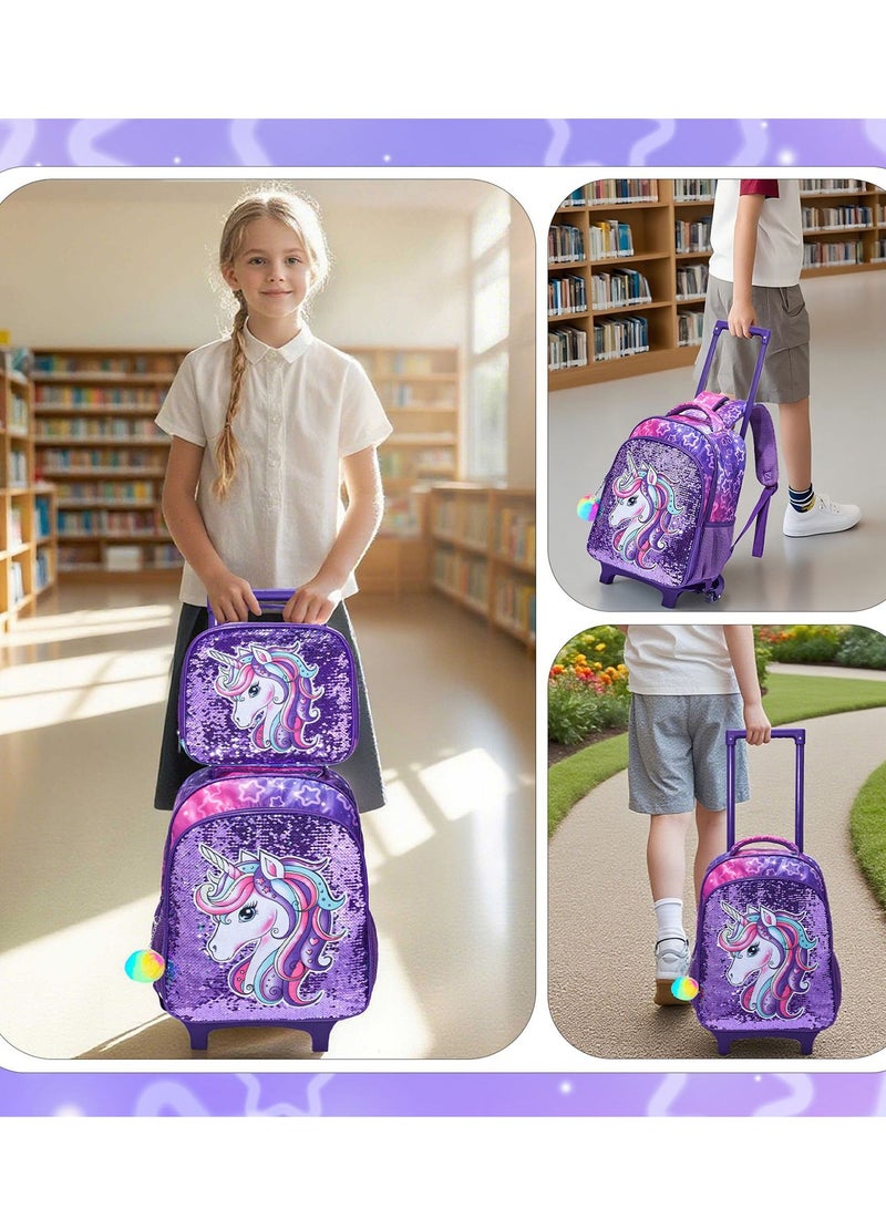 YY-Recheer 3Pcs Kids Trolley Schoolbag with Lunch Bag and Pencil Case, Girls Mermaid Unicorn Pattern Backpack for Students - Image 1