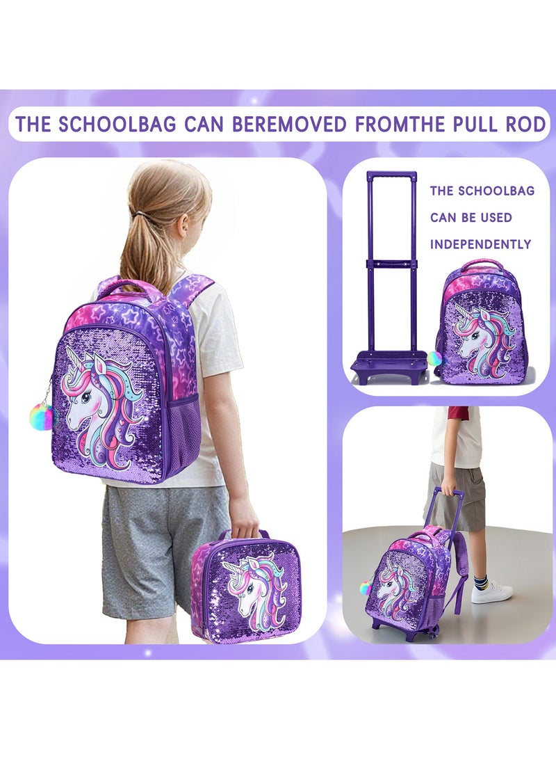 YY-Recheer 3Pcs Kids Trolley Schoolbag with Lunch Bag and Pencil Case, Girls Mermaid Unicorn Pattern Backpack for Students - Image 2