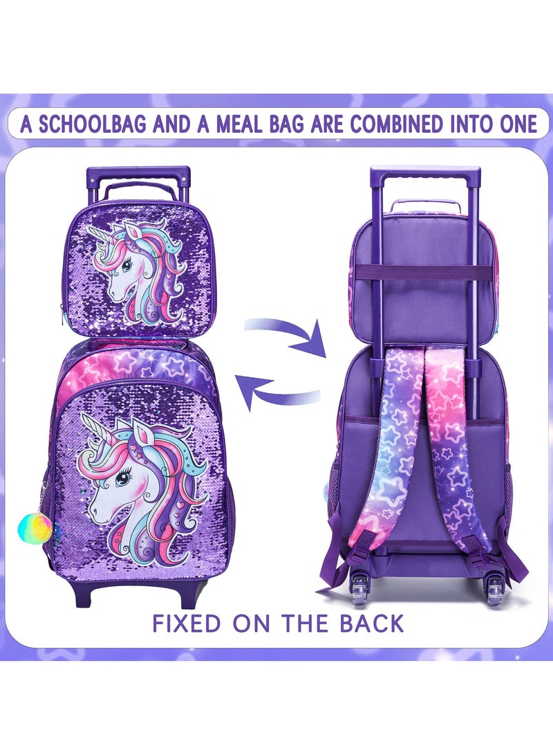 YY-Recheer 3Pcs Kids Trolley Schoolbag with Lunch Bag and Pencil Case, Girls Mermaid Unicorn Pattern Backpack for Students - Image 3