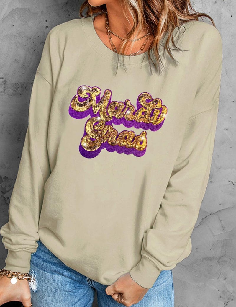 Ecosunny Women's Khaki Mardi Gras Sequin Embroidered Patch Sweatshirt Round Neck Long Sleeve Casual Print Holiday Tops - Image 3