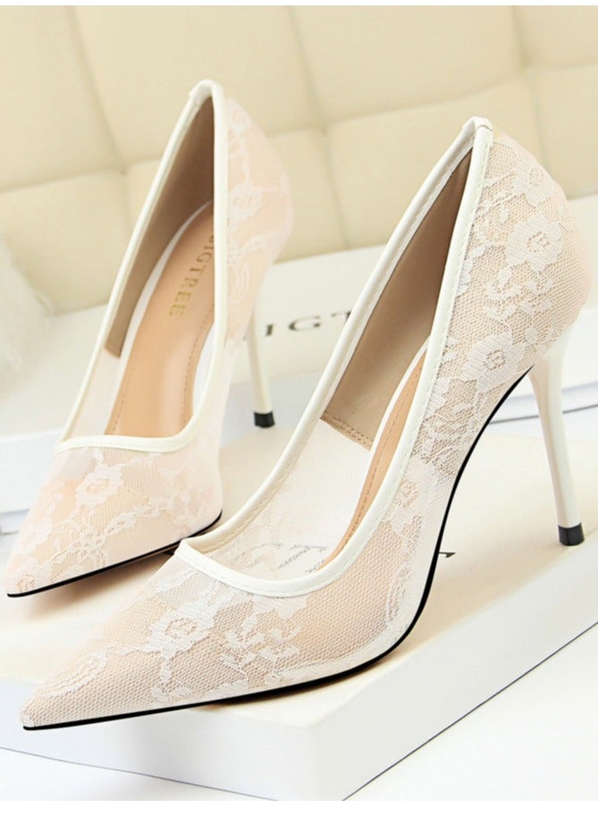 BIGTREE Women's Elegant Lace Stiletto Pumps 9CM Elegant Gorgeous Closed Pointed Toe Slip On Solid High Heels Cream White - Image 1