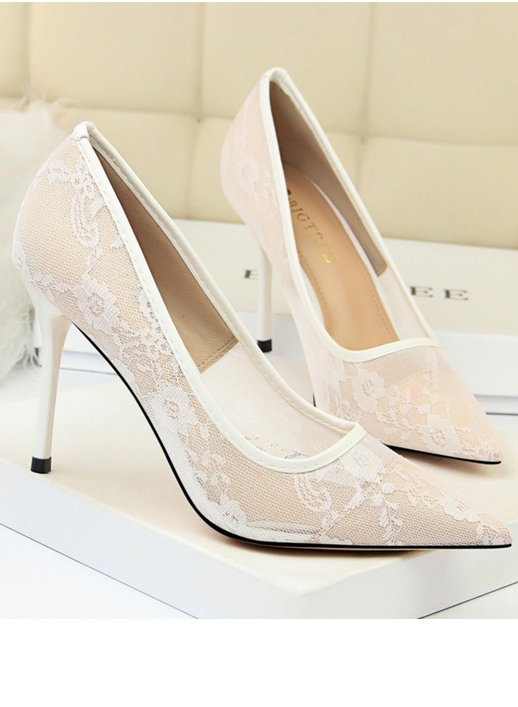 BIGTREE Women's Elegant Lace Stiletto Pumps 9CM Elegant Gorgeous Closed Pointed Toe Slip On Solid High Heels Cream White - Image 2