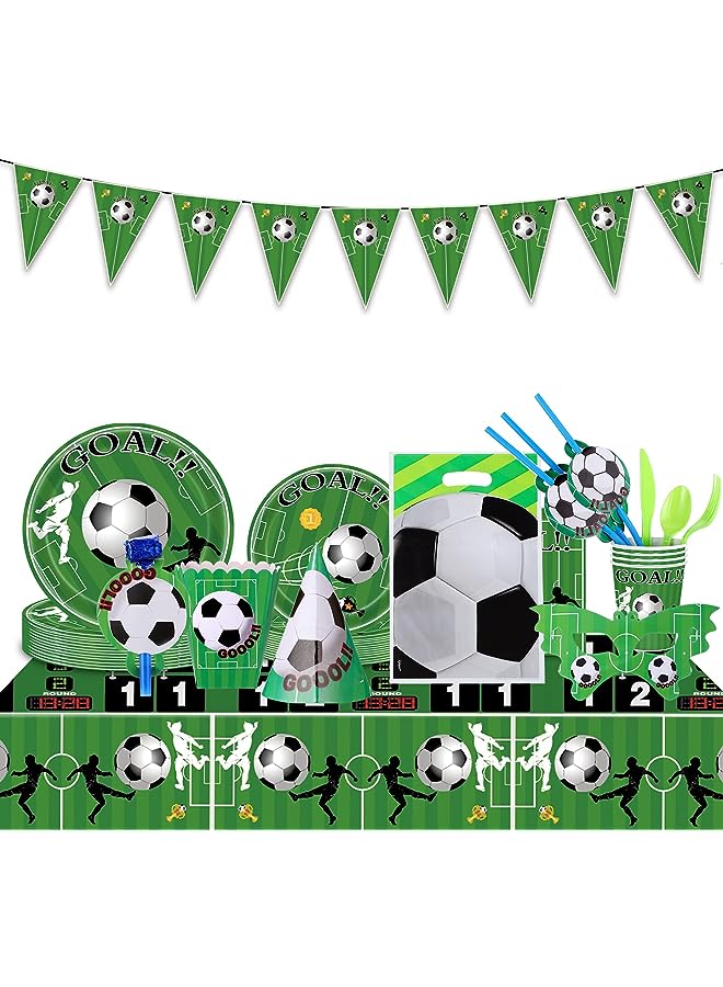 PROMASS Dinnerware Set with Disposable Plates Cup Popcorn Box Tablecloth Pennant Banner Sports Fanatic Soccer Party Tableware Kit for 10 Guests Included Party Favors Party Hats Blowers Horns - Image 1