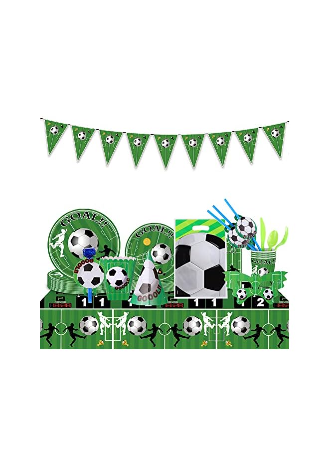 PROMASS Dinnerware Set with Disposable Plates Cup Popcorn Box Tablecloth Pennant Banner Sports Fanatic Soccer Party Tableware Kit for 10 Guests Included Party Favors Party Hats Blowers Horns - Image 2