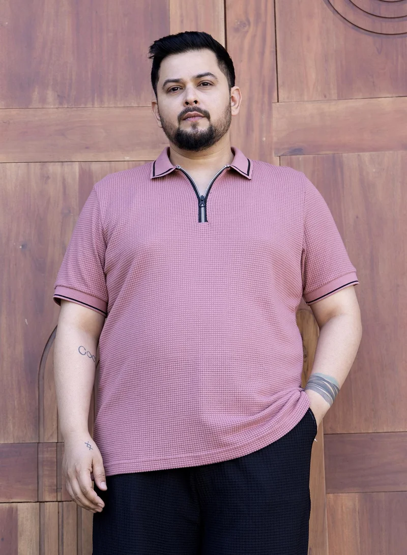 Instafab Plus Instafab Plus Men's Salmon Pink Micro-Waffle Polo T-Shirt For Casual Wear | Polo Neck | Short Cuffed Sleeves | Half-Zip Closure | Plus Size T-Shirt Crafted With Comfort Fit For Everyday Wear
