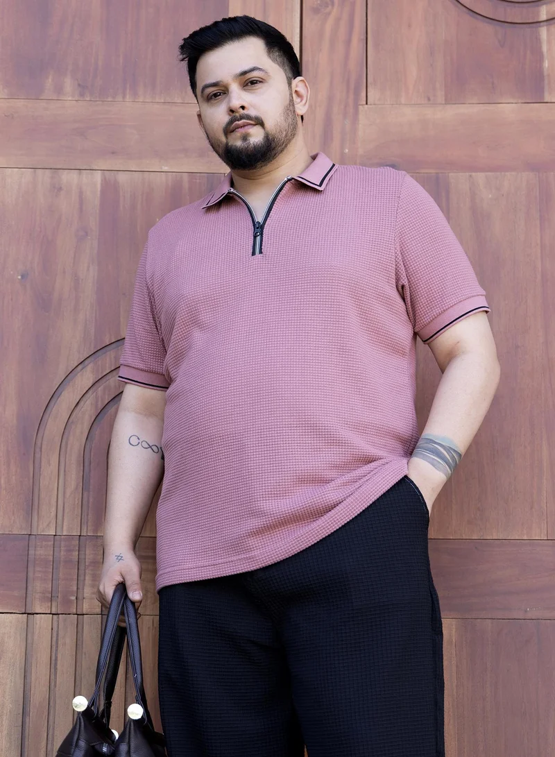 Instafab Plus Instafab Plus Men's Salmon Pink Micro-Waffle Polo T-Shirt For Casual Wear | Polo Neck | Short Cuffed Sleeves | Half-Zip Closure | Plus Size T-Shirt Crafted With Comfort Fit For Everyday Wear