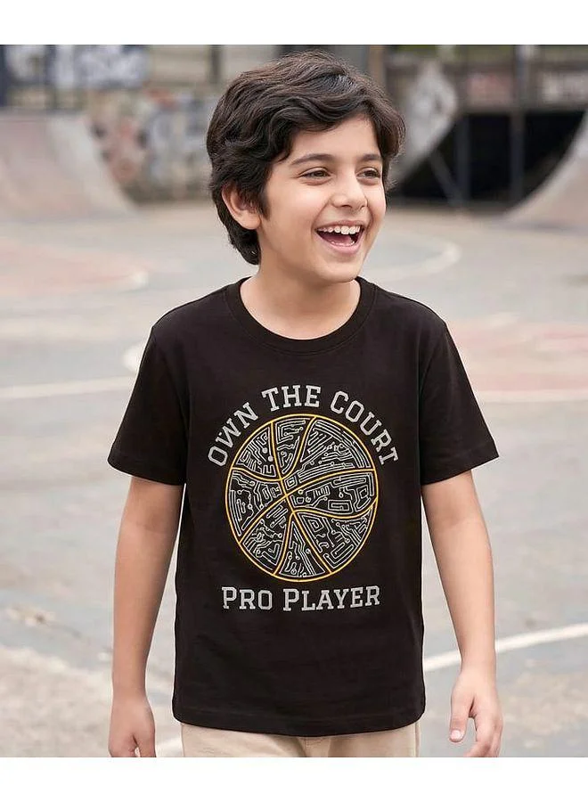 Pine Kids Pine Kids Cotton Knit Half Sleeves T-Shirt with Sport Print - Black