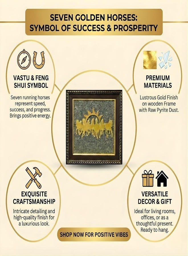 Orgonite Shop 7 Horses Wall Decor on Raw Pyrite Frame - Seven Horses with Sun for Money Success, Protection & Chakra Healing - Wooden Photo Frame Vastu & Feng Shui for Home & Office, 7 Inch - Image 2