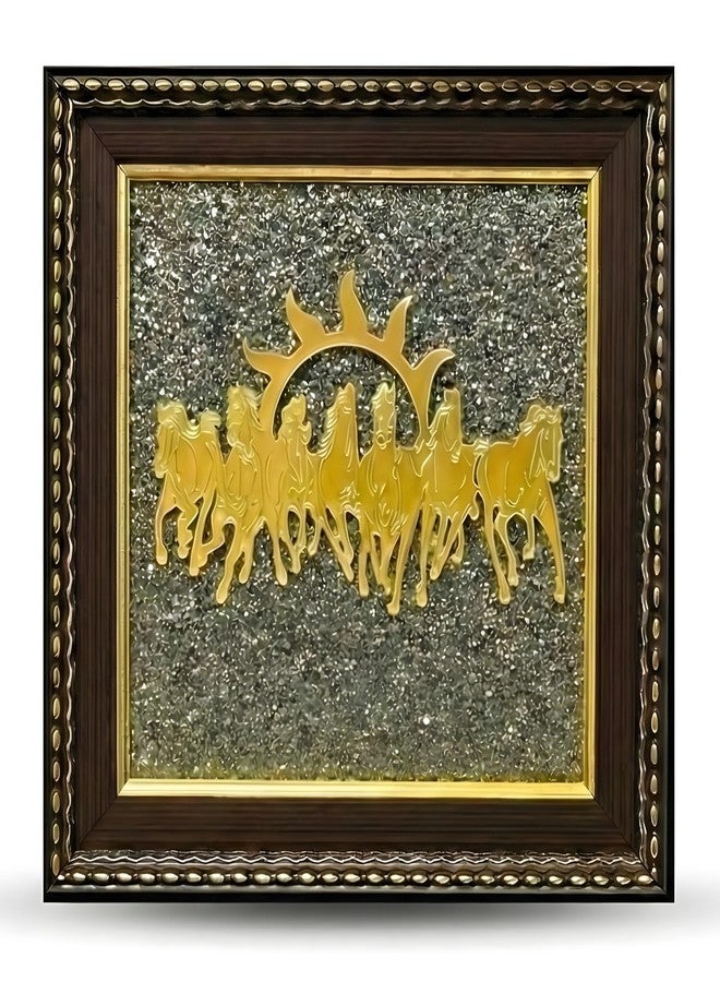 Orgonite Shop 7 Horses Wall Decor on Raw Pyrite Frame - Seven Horses with Sun for Money Success, Protection & Chakra Healing - Wooden Photo Frame Vastu & Feng Shui for Home & Office, 7 Inch - Image 1