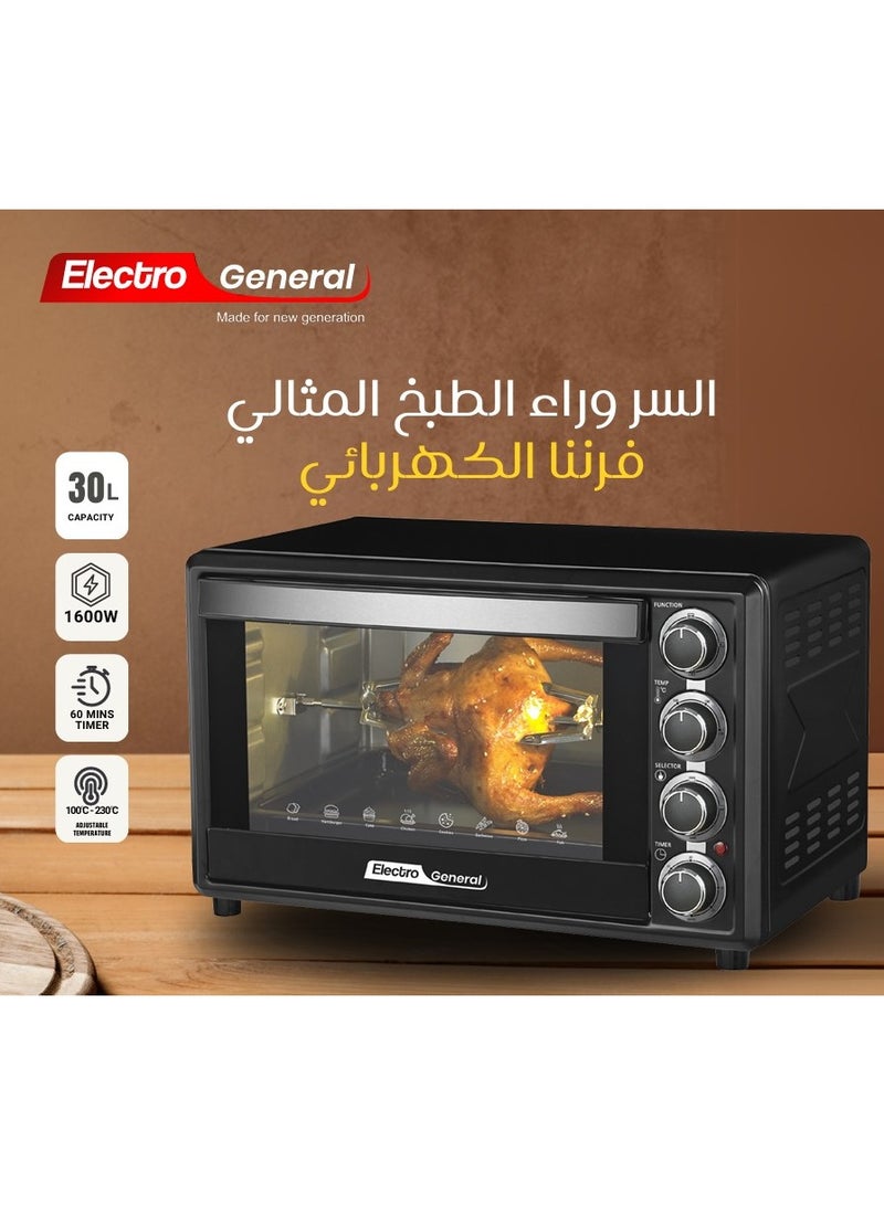 الكترو جنرال فرن كهربائي 30 لتر، 1600 وات، وظيفة الشواء، درجة حرارة قابلة للتعديل (100-230 درجة مئوية)، مؤقت 60 دقيقة مع جرس تنبية، باب زجاجي مزدوج، عناصر تسخين متينة من الفولاذ المقاوم للصدأ، اضاءة داخلية - 30 لتر وأداء قوي مع 1600 وات SVN-30RML أسود - Image 1