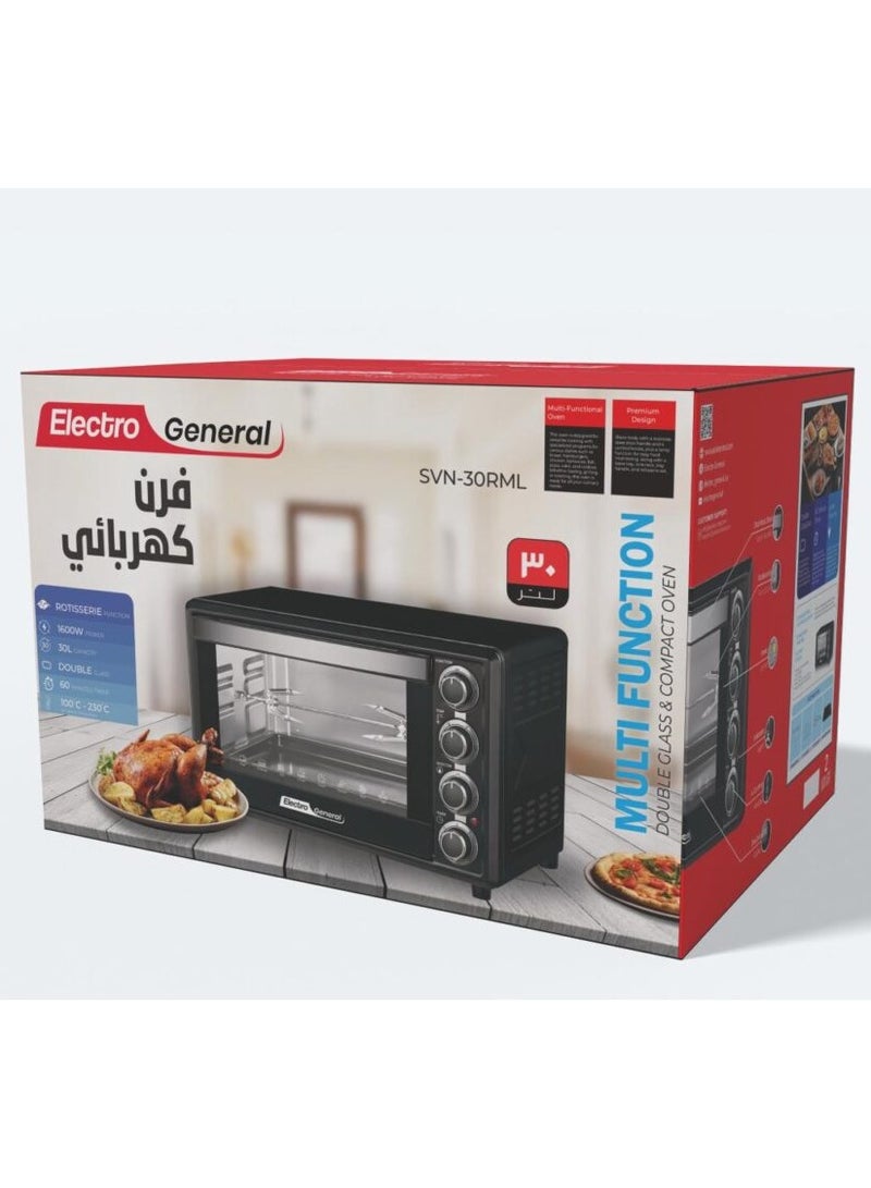 الكترو جنرال فرن كهربائي 30 لتر، 1600 وات، وظيفة الشواء، درجة حرارة قابلة للتعديل (100-230 درجة مئوية)، مؤقت 60 دقيقة مع جرس تنبية، باب زجاجي مزدوج، عناصر تسخين متينة من الفولاذ المقاوم للصدأ، اضاءة داخلية - 30 لتر وأداء قوي مع 1600 وات SVN-30RML أسود - Image 5