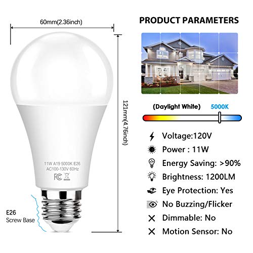 Brightever 6-Pack Dusk to Dawn LED Light Bulbs, A19 11W(100Watt Equivalent), E26 Basic Automatic On/Off, 1200LM, Daylight White 5000K Smart Sensor Lights, Outdoor for Porch Garage Yard Patio Garden - Image 4