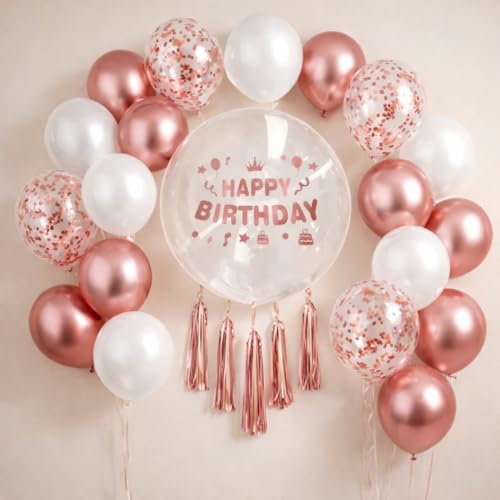 Wanna Party Pack of 22 White Rose Gold Metallic and Confetti Balloons with Big Bobo Balloon Combo for Wedding Balloons - Birthday, Baby Shower, Bridal Shower, Anniversary Balloons - Image 1