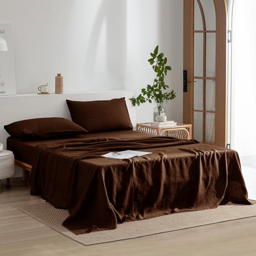 EVERLY Linen Sheets Set Queen Size100 French Stonewash Pure Linen Sheets Set4Pieces 1Flat Sheet1Fitted Sheet2Pillowcase Suitable for Hot SleepersDeep Pocket Natural Bedding SetChocolate - Image 3