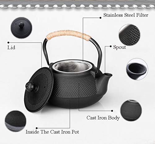HwaGui Japanese Tetsubin Cast Iron Teapot, Iron Tea Pot with Infuser for Loose Tea, Cast Iron Tea Kettle Stovetop Safe, Teapot Coated with Enameled Interior, 600ml/20oz - Image 5