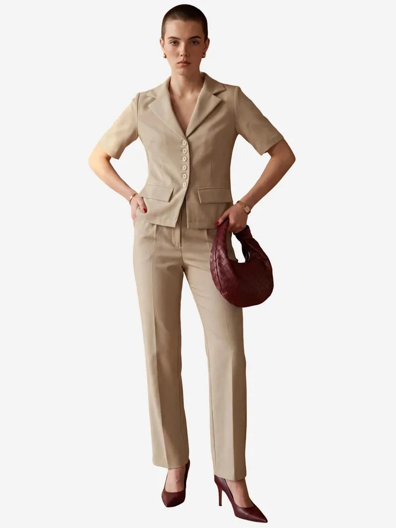 MY FASHION Buttoned Short Sleeve Jacket & PantsTwo-Piece Set