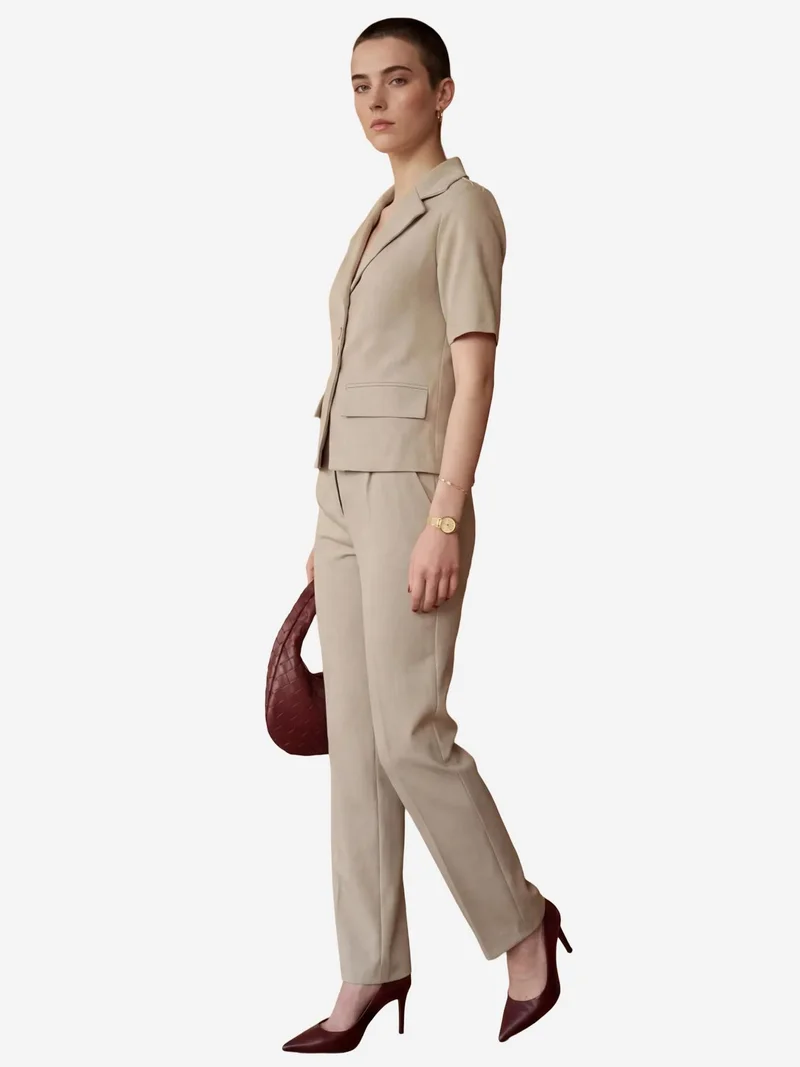 MY FASHION Beige Natural MY FASHION Buttoned Short Sleeve Jacket & PantsTwo-Piece Set for Women | Best Price UAE