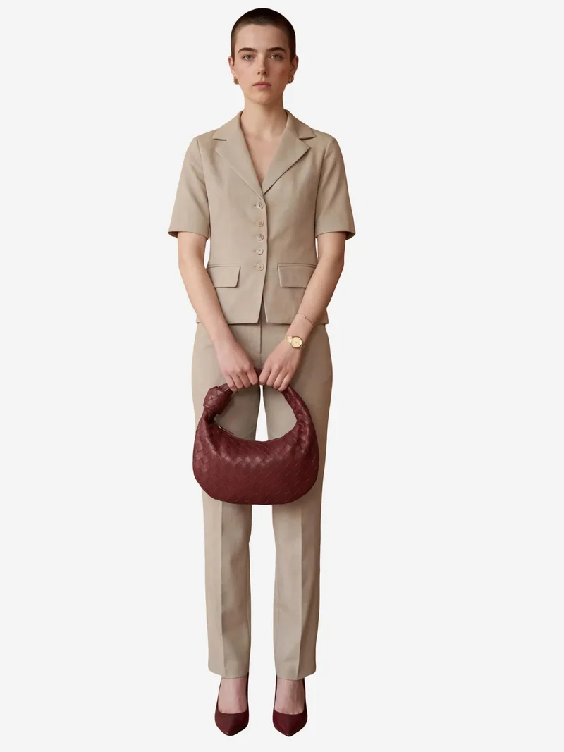 MY FASHION Beige Natural MY FASHION Buttoned Short Sleeve Jacket & PantsTwo-Piece Set for Women | Best Price UAE
