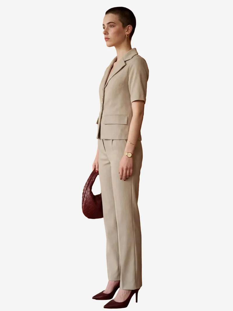 MY FASHION Beige Natural MY FASHION Buttoned Short Sleeve Jacket & PantsTwo-Piece Set for Women | Best Price UAE