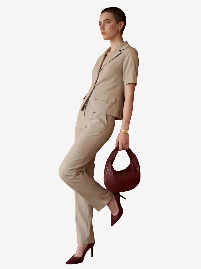 MY FASHION Beige Natural MY FASHION Buttoned Short Sleeve Jacket & PantsTwo-Piece Set for Women | Best Price UAE