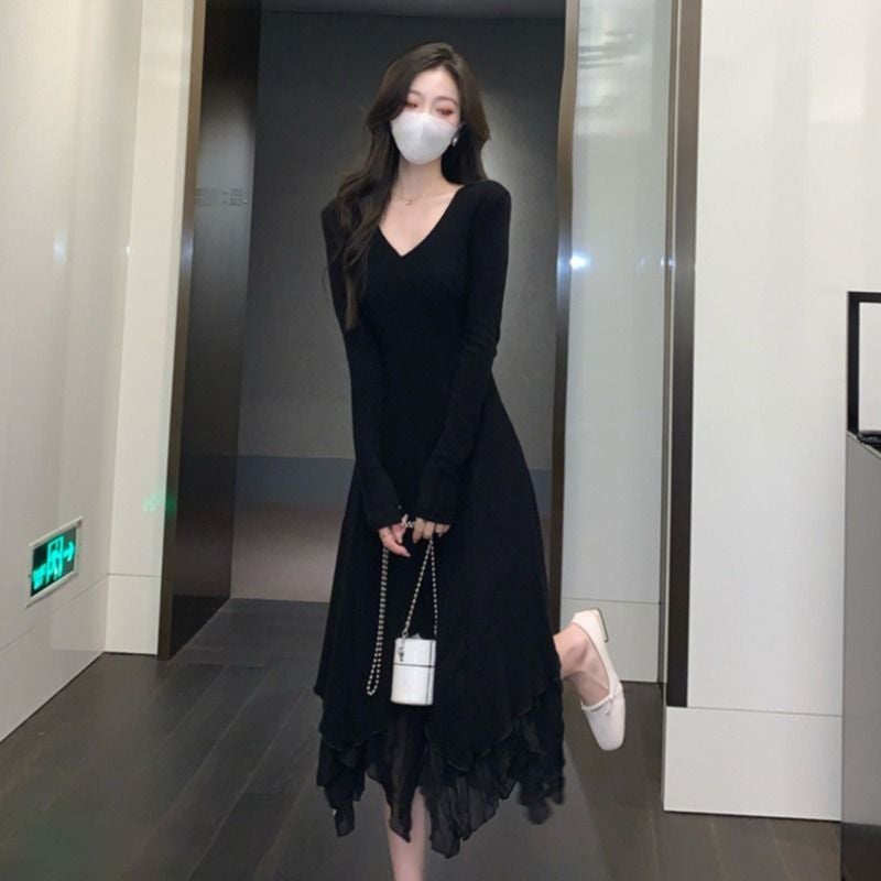 Thickened Fleece V-Neck Winter Knit Dress Black regular V-neck