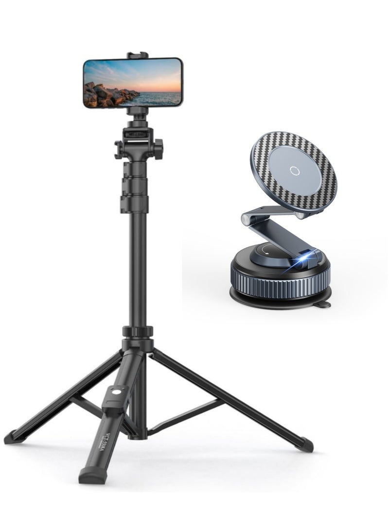 XXZU 170cm Mobile Phone Tripod and Car Magnetic Mobile Phone Holder Set, 170cm Mobile Phone Tripod with Cold Shoe Slot and 10m Remote Control, Multi-folding Car Mobile Phone Holder - Image 1