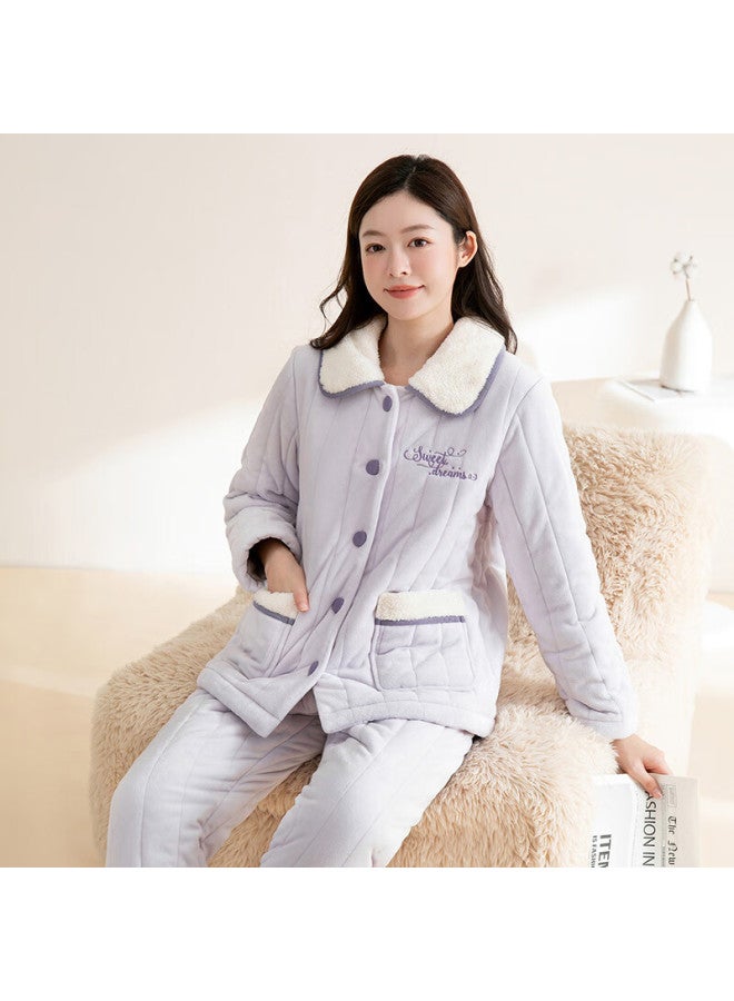 Fentengcare Winter New Anti-static Fleece-lined Thickened Three-layer Quilted Warm Pajama Set Homewear Gift For Women - Image 3