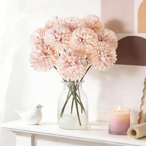 SHINE-CO LIGHTING Artificial Chrysanthemum Ball Flowers Hydrangea Arrangement Bouquet Presents Decor 10pcs Without Vase (Champagne Pink) - Image 1